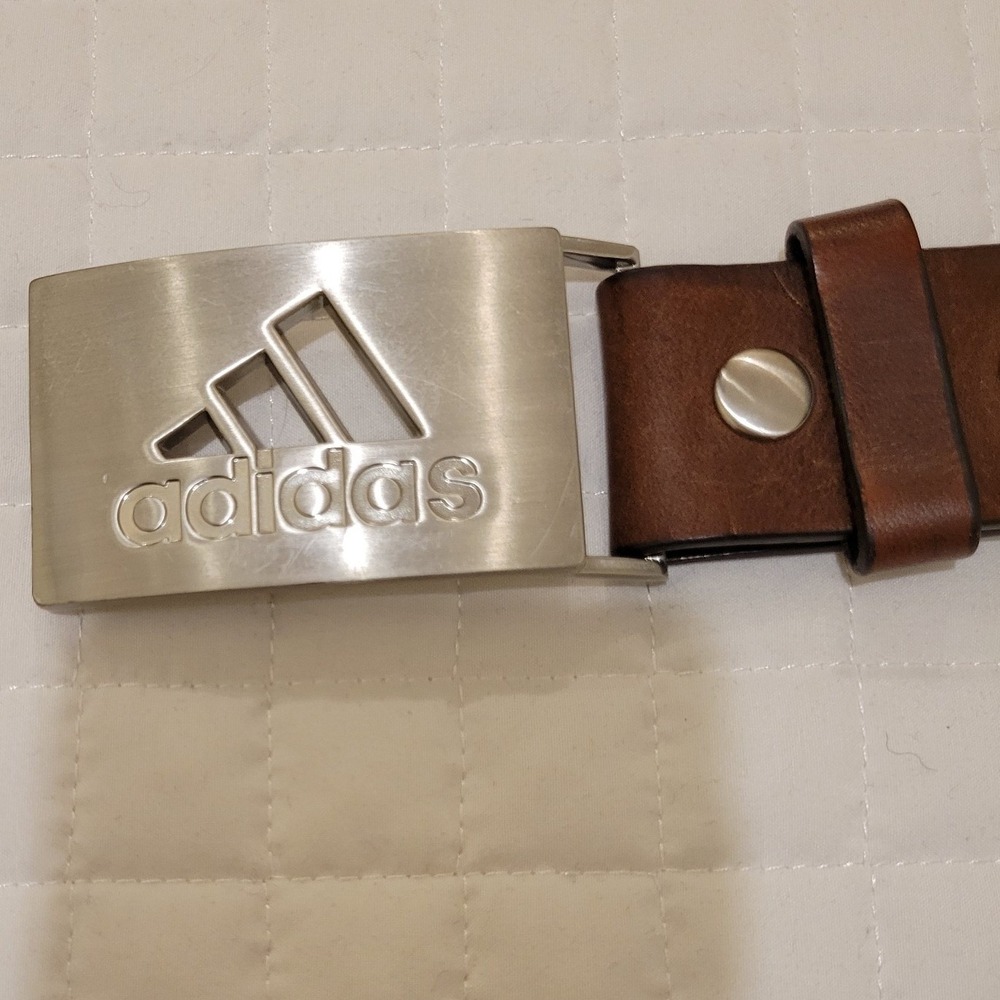 Adidas Mens Brown Leather Belt Silver Plaque Logo Buckle Golf Casual 48in Fancy